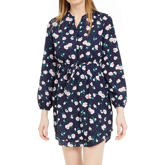 Maison Jules Dresses & Skirts - Maison Jules Navy Floral Ruched Tie Waist Shirt Dress